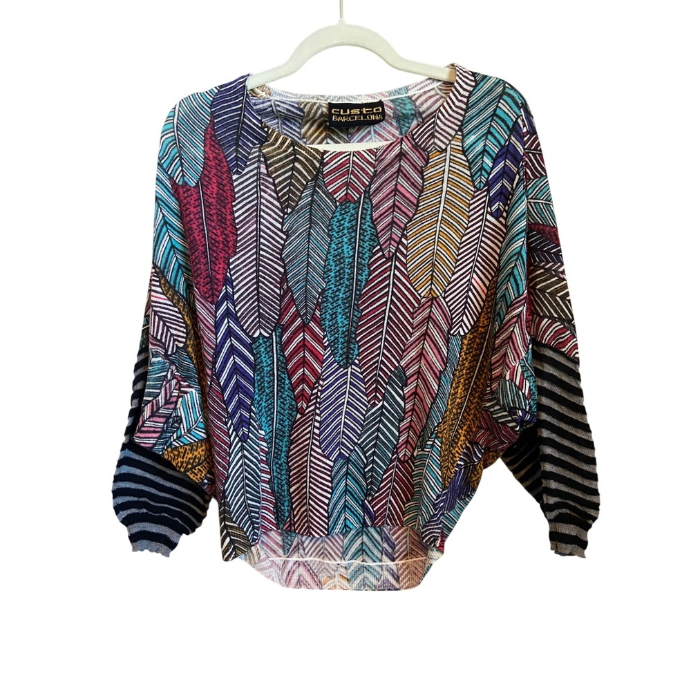 Custo Barcelona Yoda Feather‎ Print Knit Top Striped Dolman Sleeve Multicolor